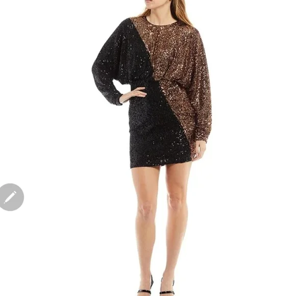 Belle BadgleyMischkaHayes Combo Sequin Color Block Crew Neck Blouson Long Sleeve - Picture 1 of 10